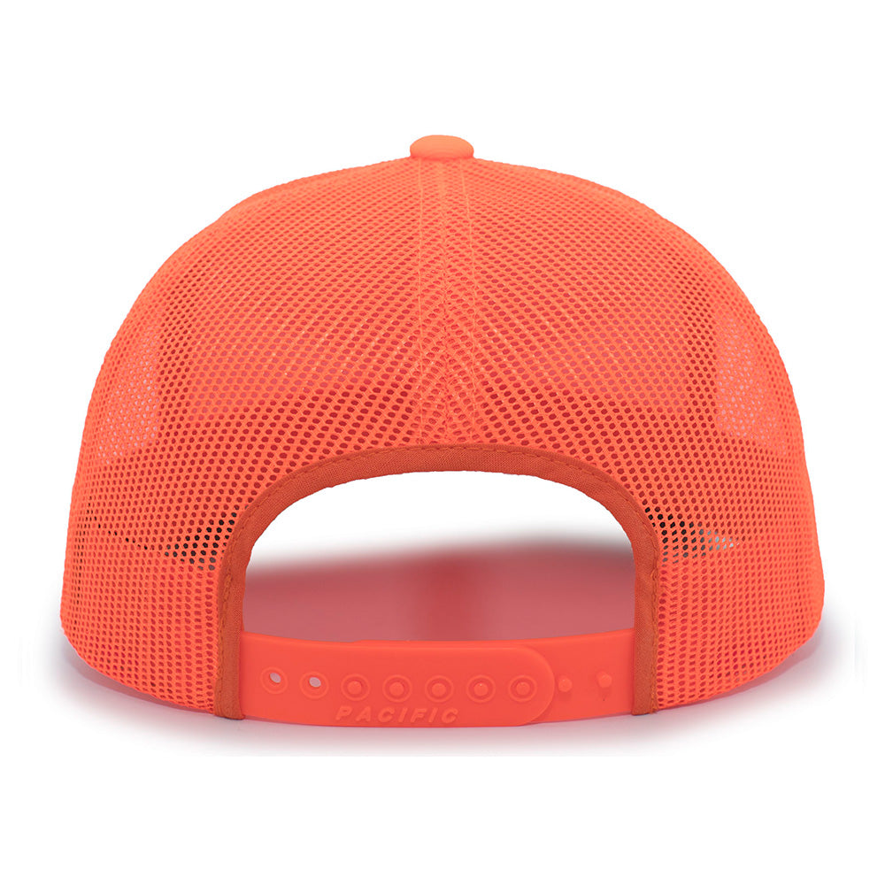 Backer of the orange camo billed trucker hat with the word believe on the front.