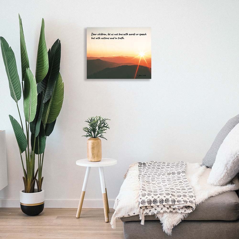 Mockup of how the Sunset wood poster will look as a wall hanging in your living room.