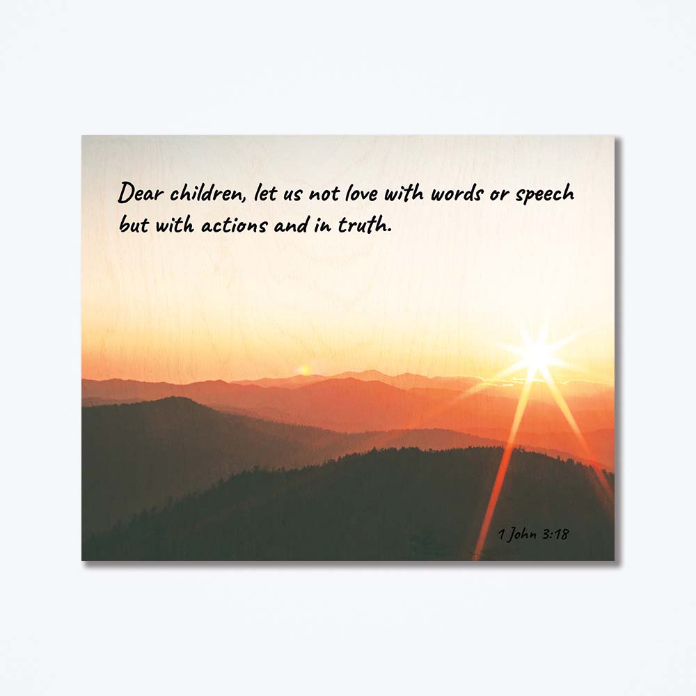Wood poster with a sunset and a bible verse from John.