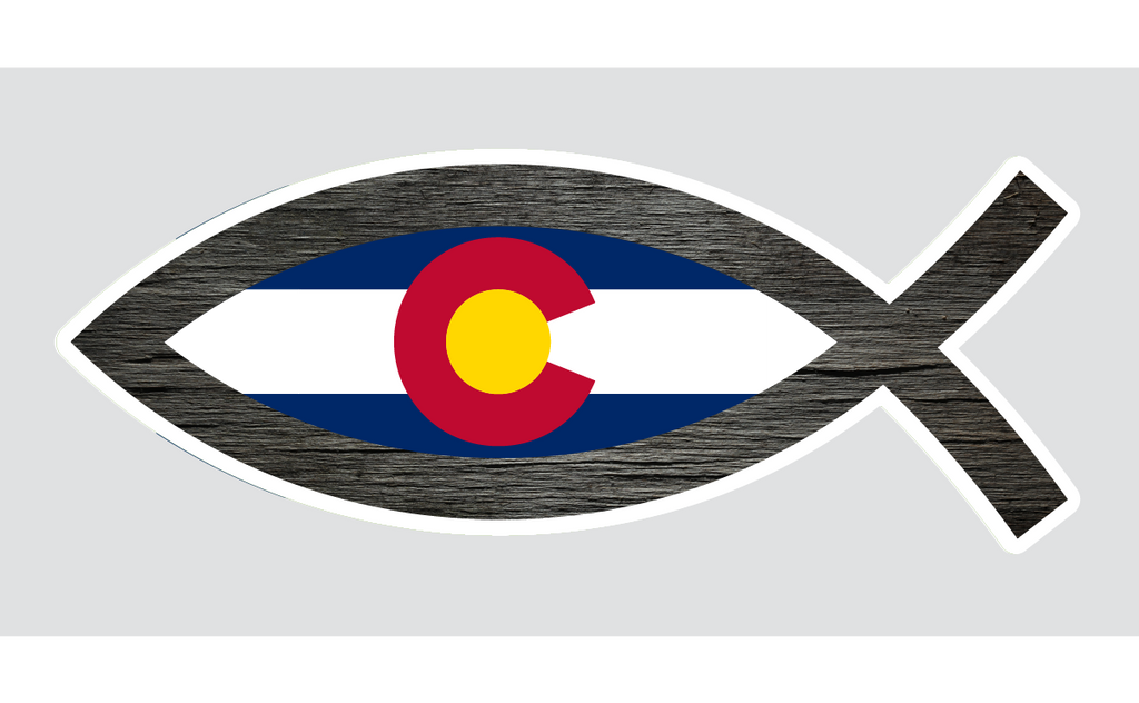 A sticker with the Colorado flag and a fish.