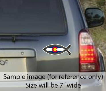 Mockup of a van with a state flag sticker applied to the back.