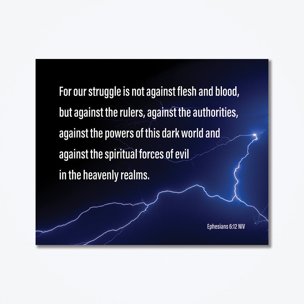 A metal poster of a lightning strike with white text from the bible.