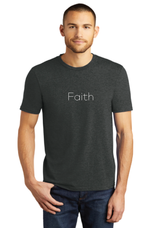 Black frost tee shirt with the word faith in white text on the front.