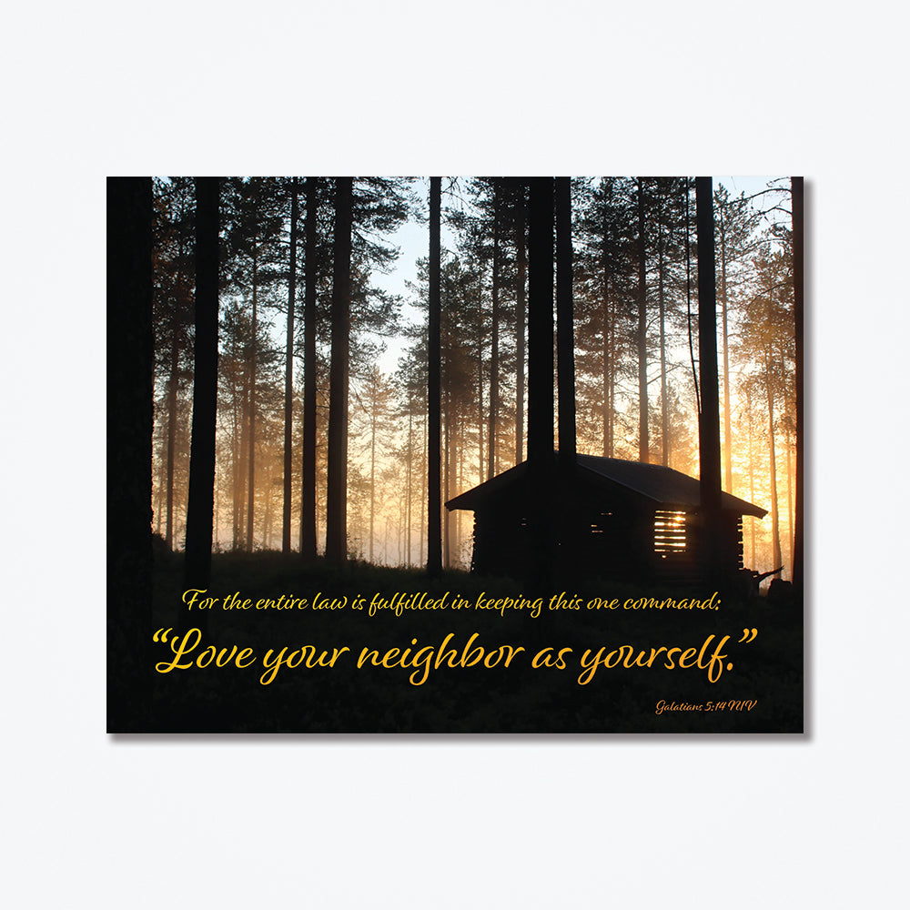 Metal Poster of a cabin in the woods with a sunset background.