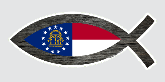 Georgia Flag sticker with the outline of a Christian fish. Intended to be applied to a car, water bottle, or car.