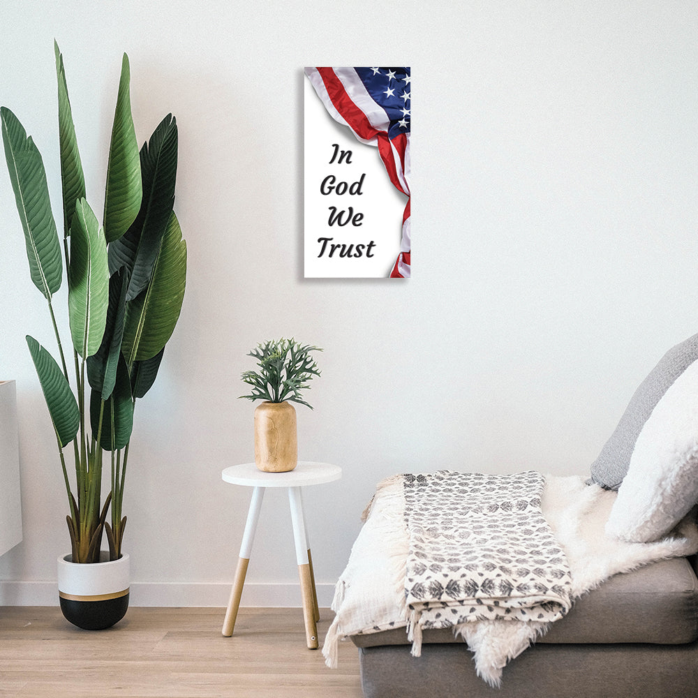 Mockup of how the In God we Trust American Flag metal float panel will look in your home.