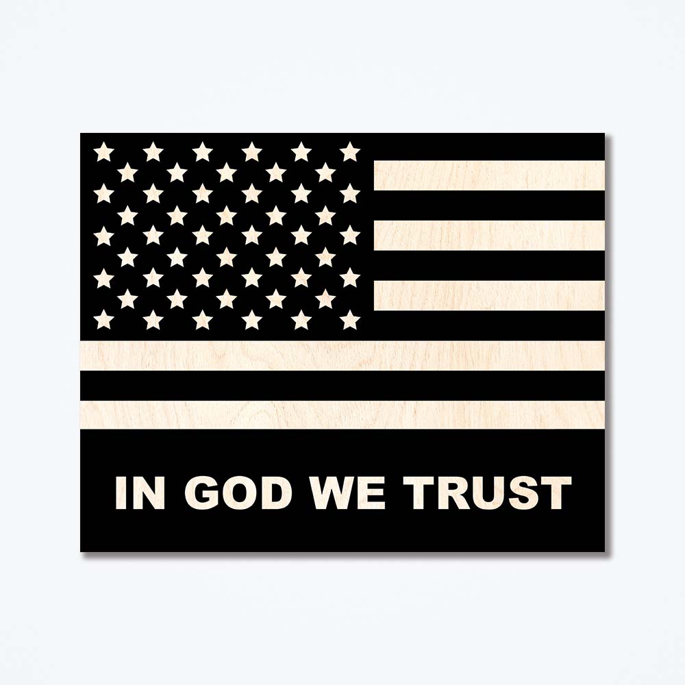 A black and white American flag on a wood poster.