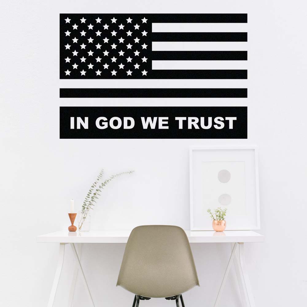 Mock up of an American flag wall sticker in your home office.