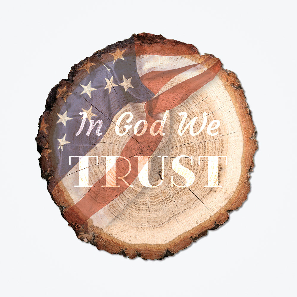 In God we trust metal poster with a wood background