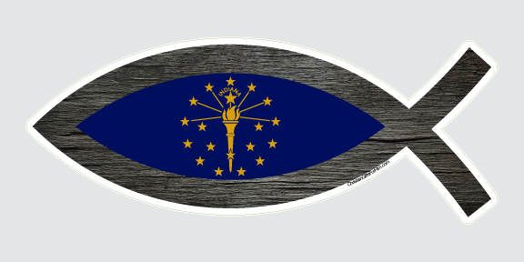 Indiana flag sticker in the shape of a Christian Fish.