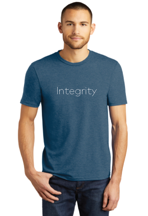 Blue T-shirt- with the word integrity in white text applied to the front.