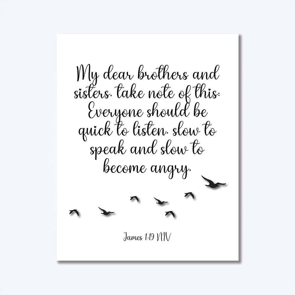 A metal poster with text from the bible and a silhouette of a cluster of birds soaring in the sky.