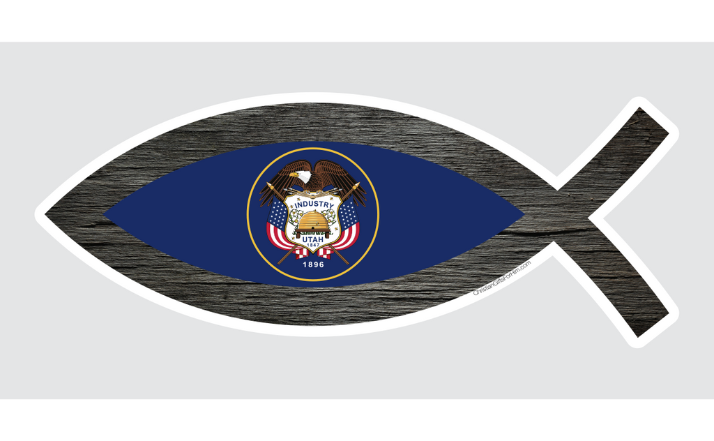 Utah flag sticker with a black outline of a fish in the foreground of the image.