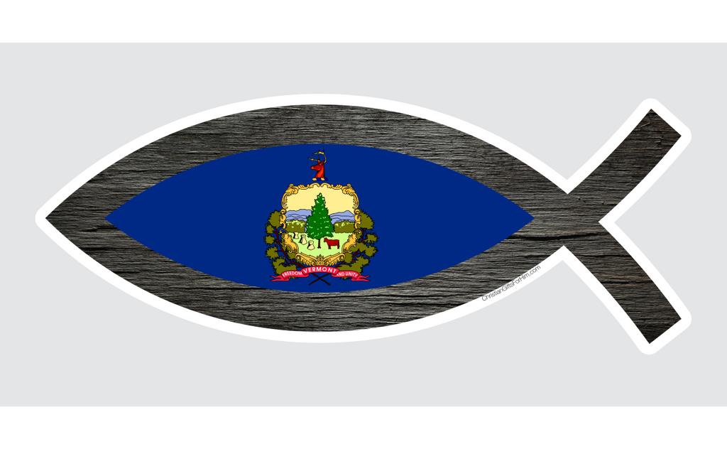 Vermont flag sticker with a fish outline in black.