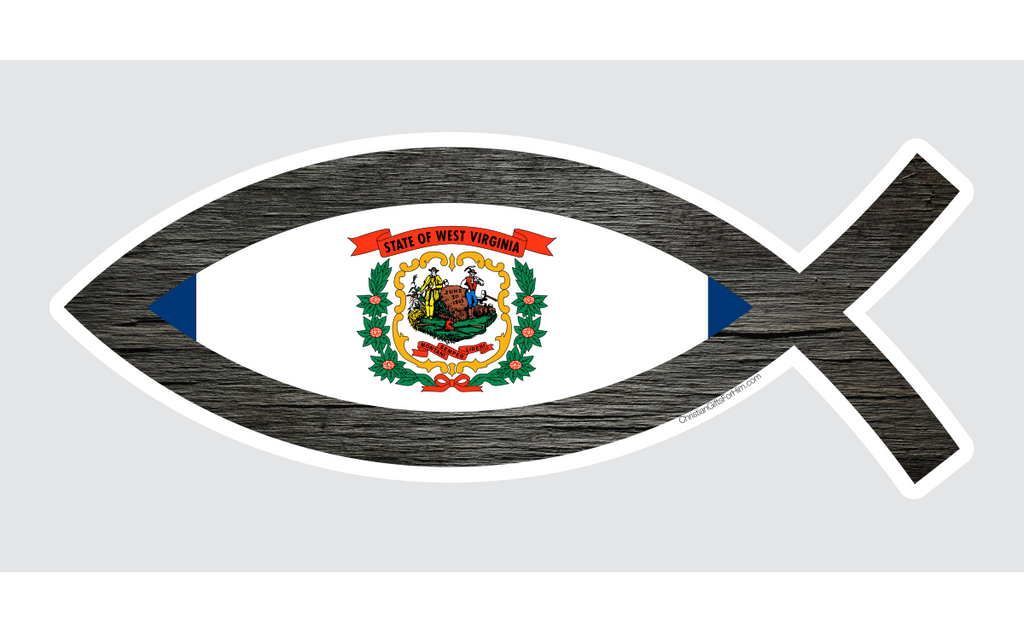 West Virginia flag sticker with a thick black outline of a fish around the flag.