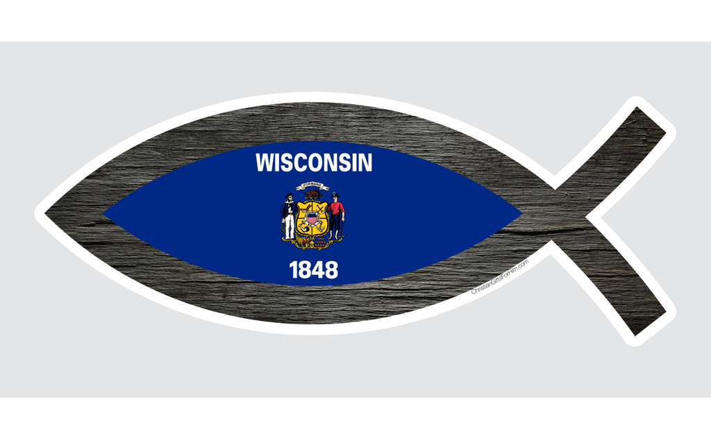 Wisconsin flag sticker with a fish outline. Makes for a great gift for any cheesehead in your life.