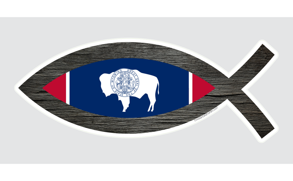 Wyoming flag sticker with an outline of a matte black fish.