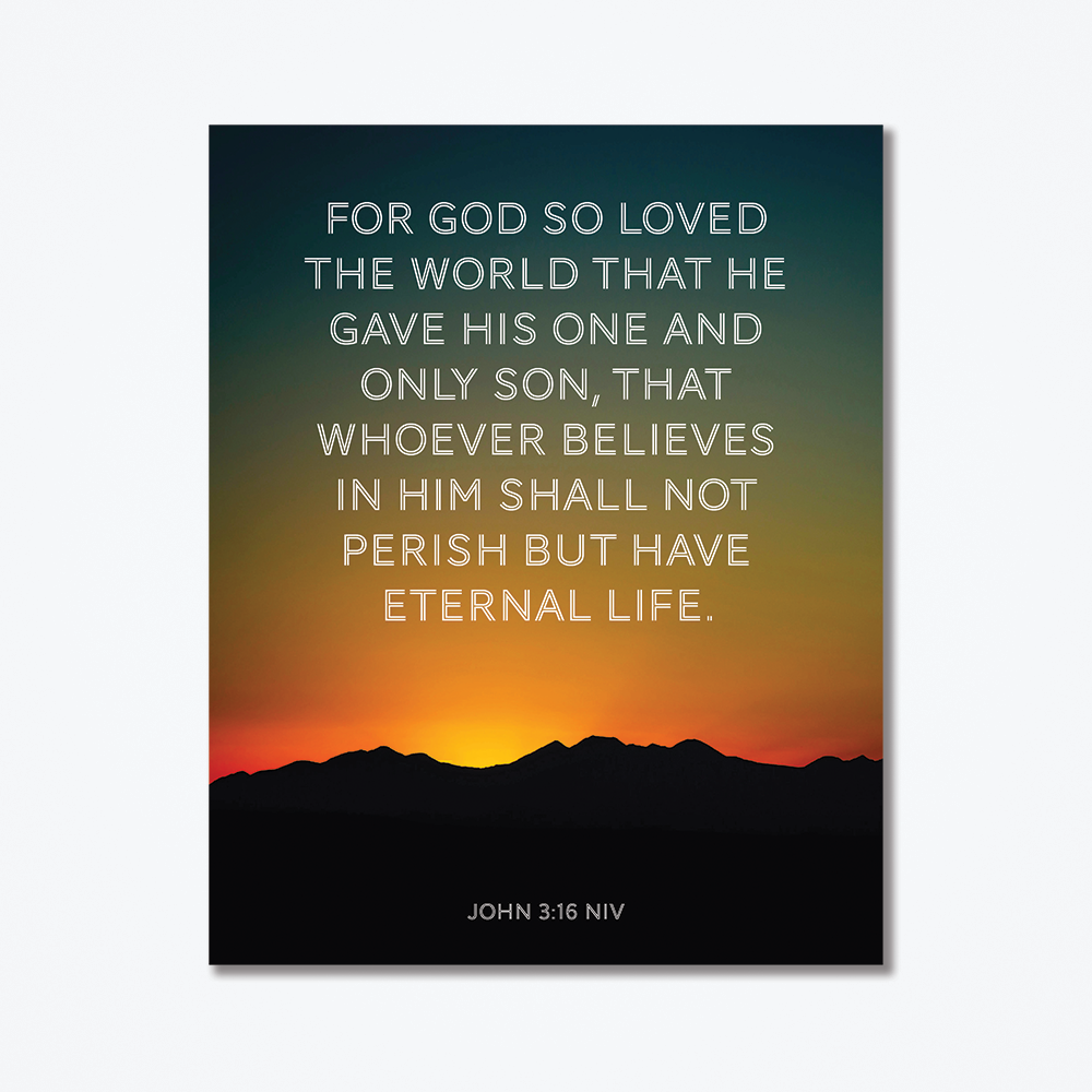 Metal Poster of a sunrise with white text from the bible.