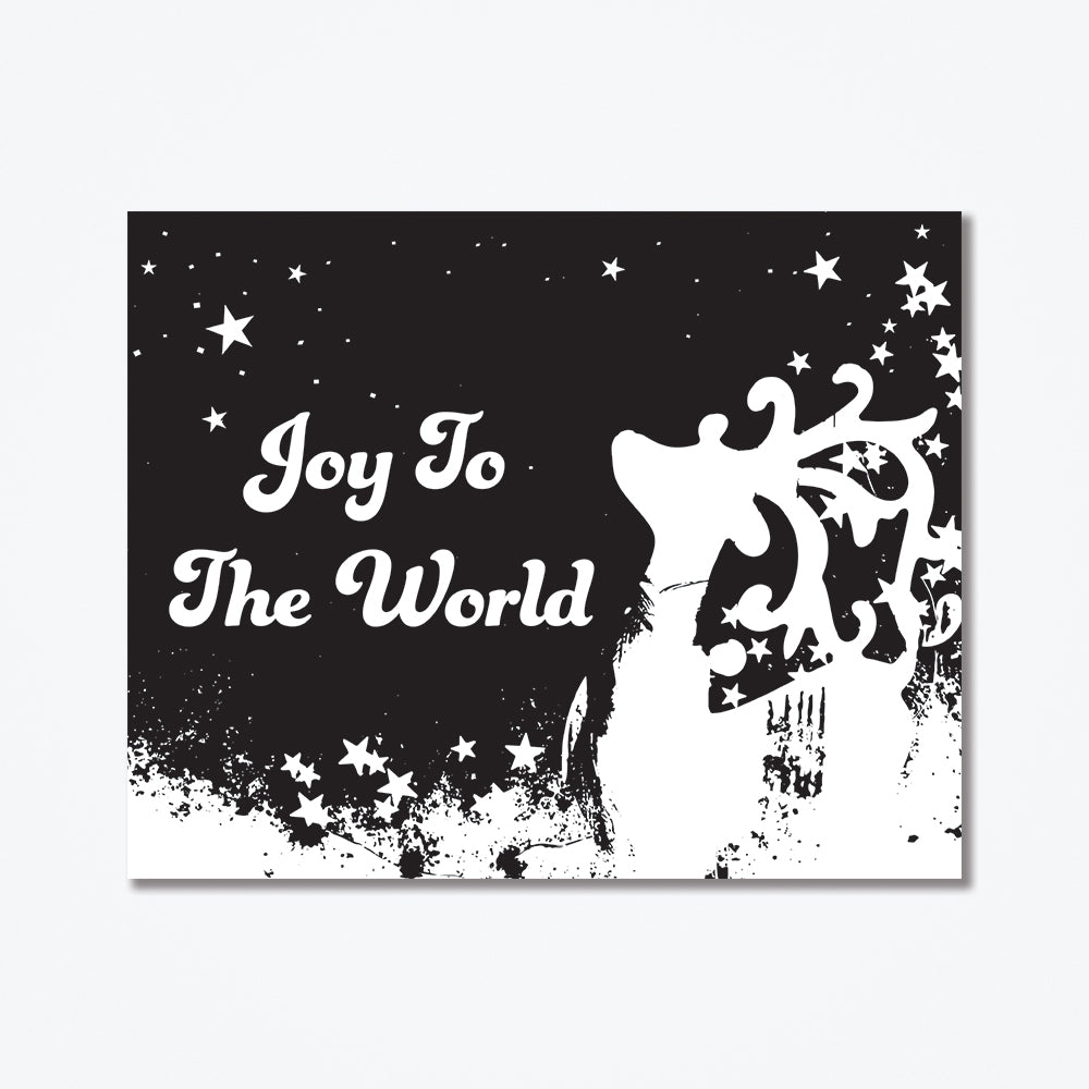 black and white Joy to the World metal poster with a reindeer silhouette.
