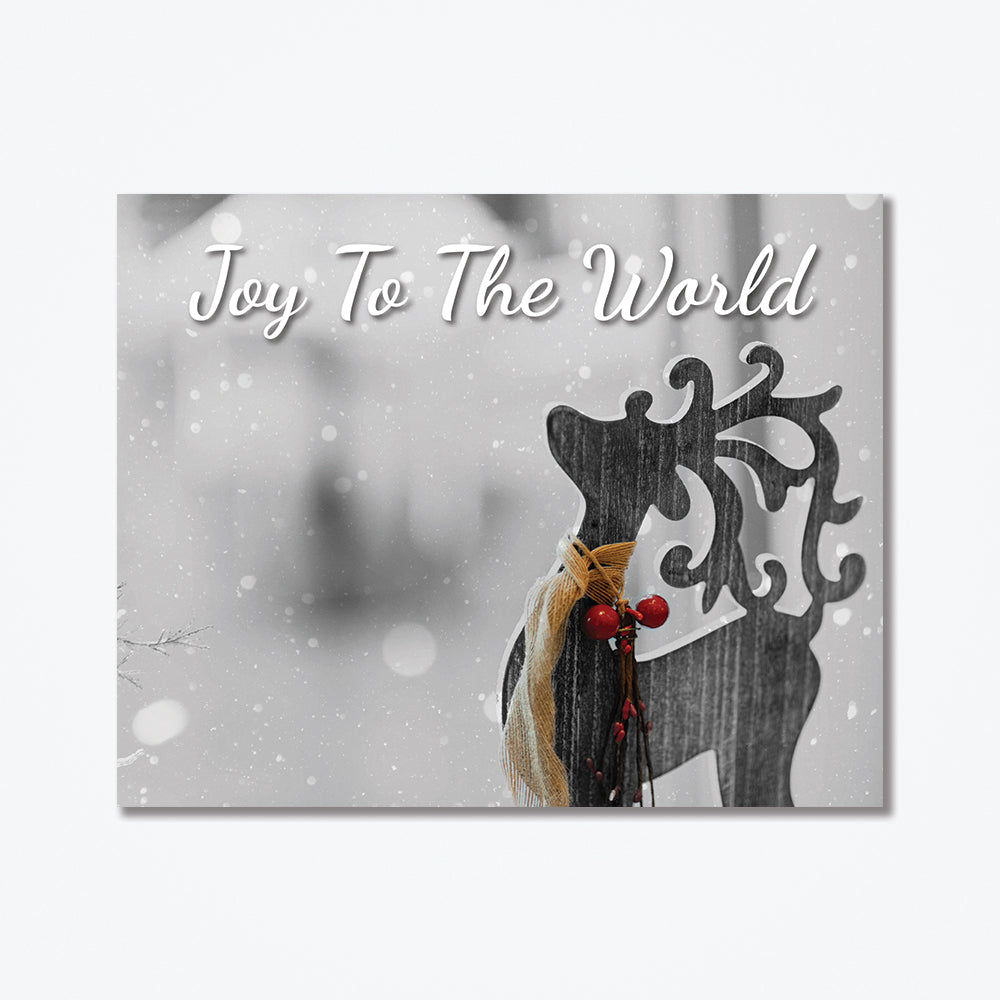Joy to the world metal poster with a calming snowy background.