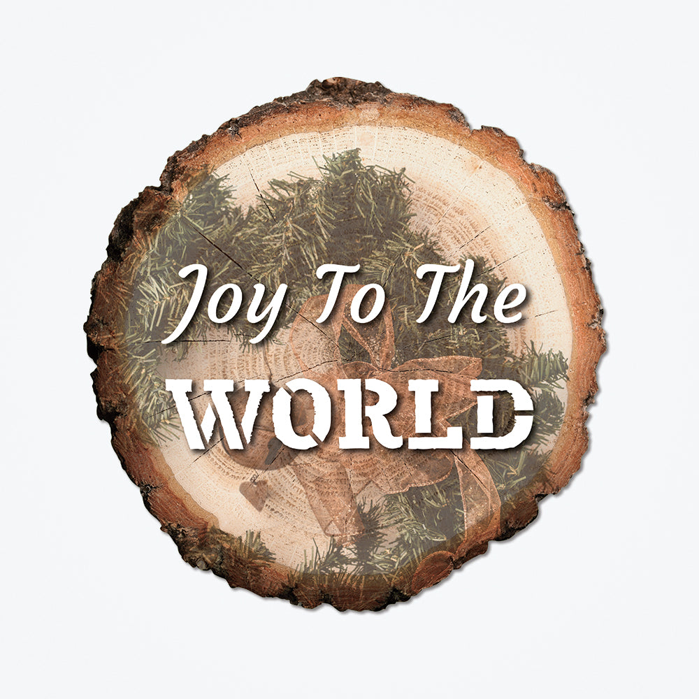 Joy to the world metal poster with a wooden background and pine tree art.