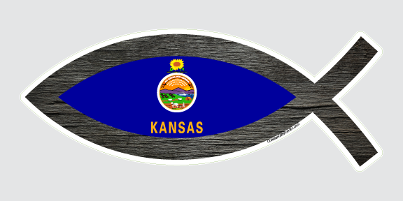 Kansas Flag sticker that is in the shape of a fish. Great gift for anyone from Kansas.