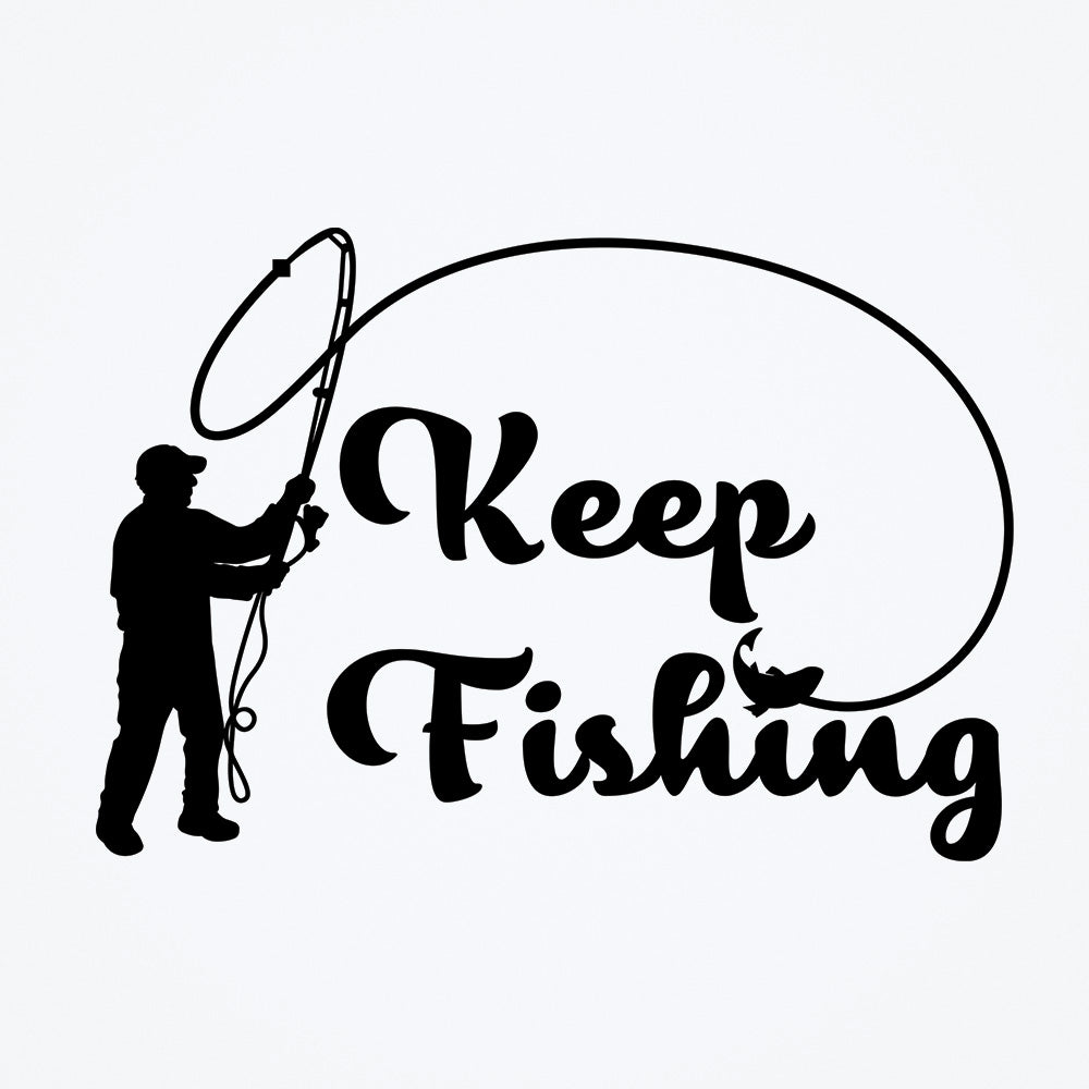 A wall sticker of a black silhouette of a fisherman with text that says, "keep fishing."