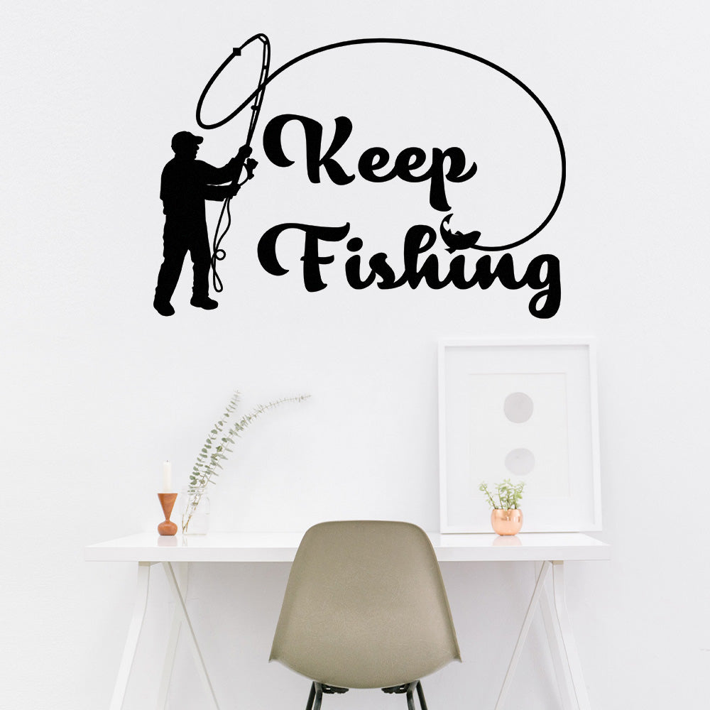 Mock up of the keep fishing wall sticker in your home office.
