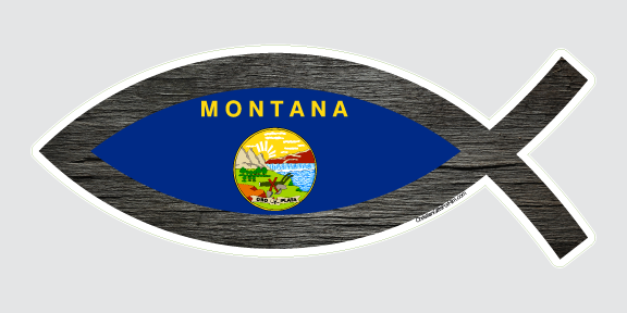A sticker of the Montana state flag that has been cut out to be in the shape of a fish.