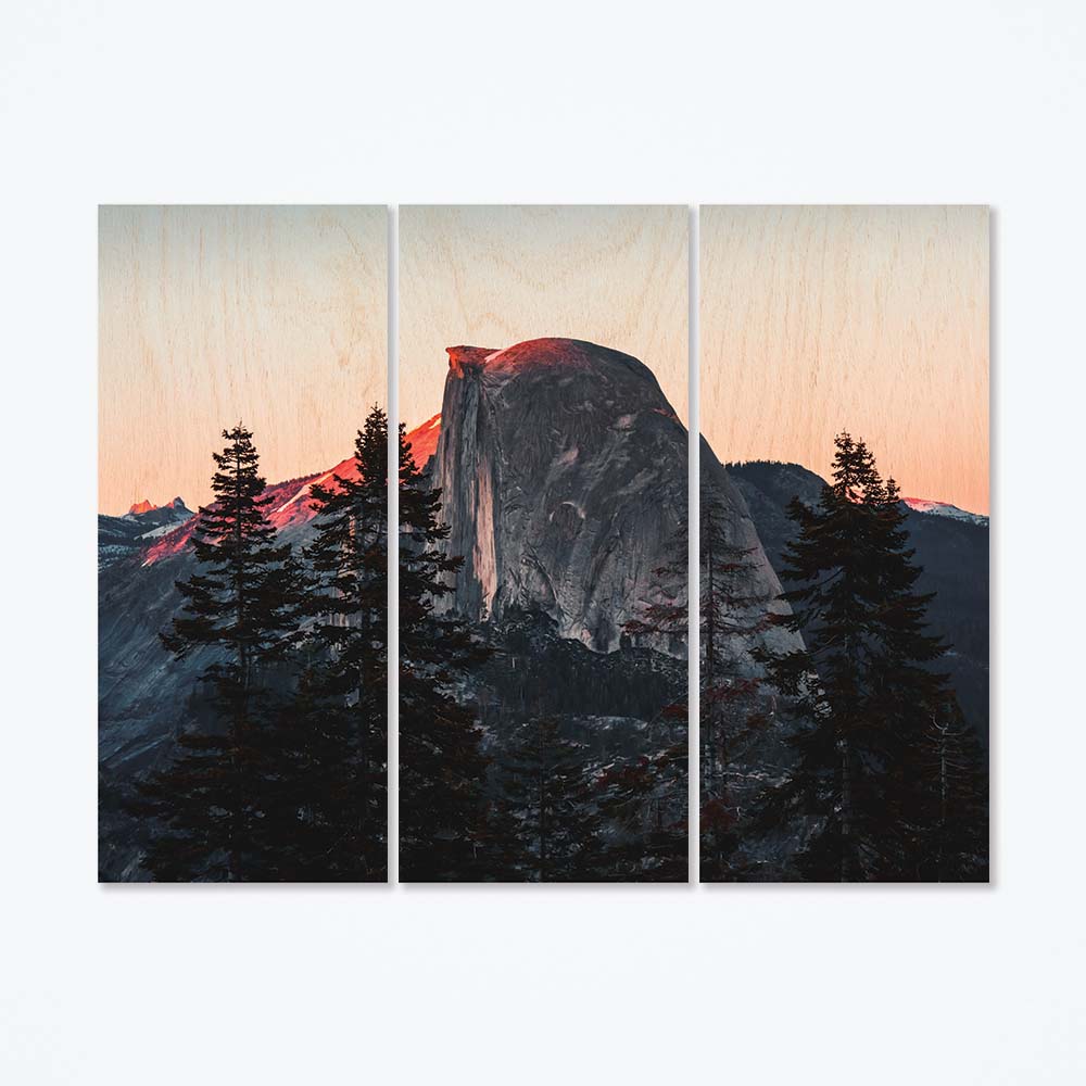 A multi paneled wood poster of a mountain peak.