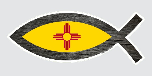 New Mexico state flag sticker that has been designed to have an outline of a fish around the flag.