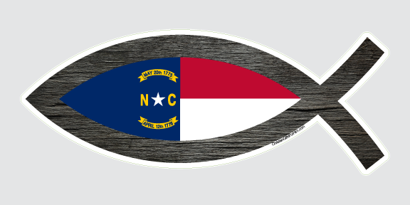 North Carolina flag sticker. The flag is outlined with a wood grain fish making the flag standout in this sticker. Christian Fish