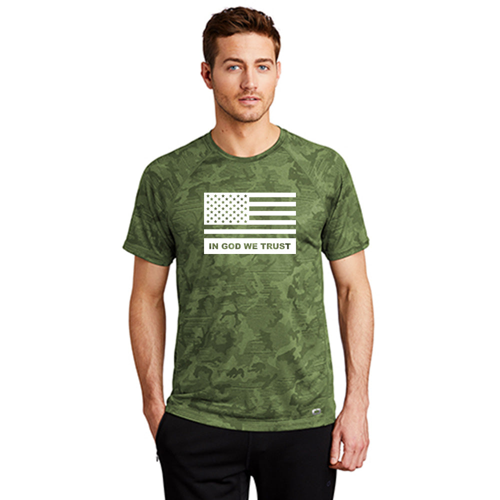 Green camo tee shirt with a white American flag with text applied to the front.