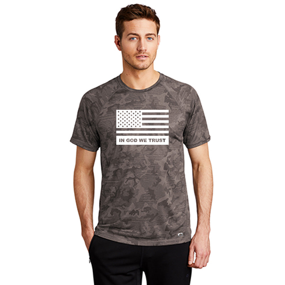 Camo gray tee shirt with a white American flag and text applied to the front of the shirt.