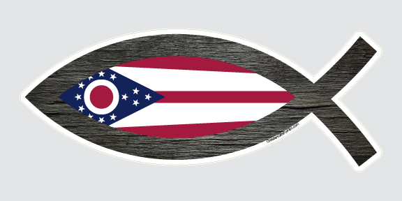 Ohio state flag sticker that has an outline of a fish surrounding the flag on the inside of the print.