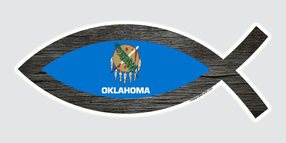 Oklahoma state flag sticker with an outline of a fish on it. Can't you hear the wind comes sweepin' down the plain?