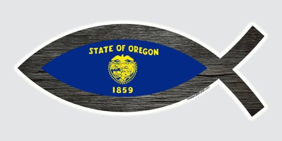 Oregon state flag sticker that has been designed to have a kiss cut fish outline around the flag.