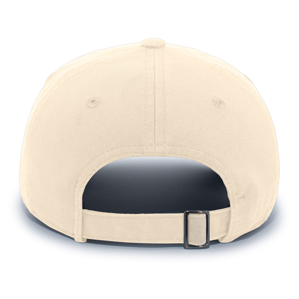 The back of the cotton trucker hat that's color is khaki.