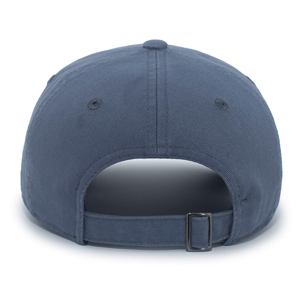Back of a muted blue trucker hat.