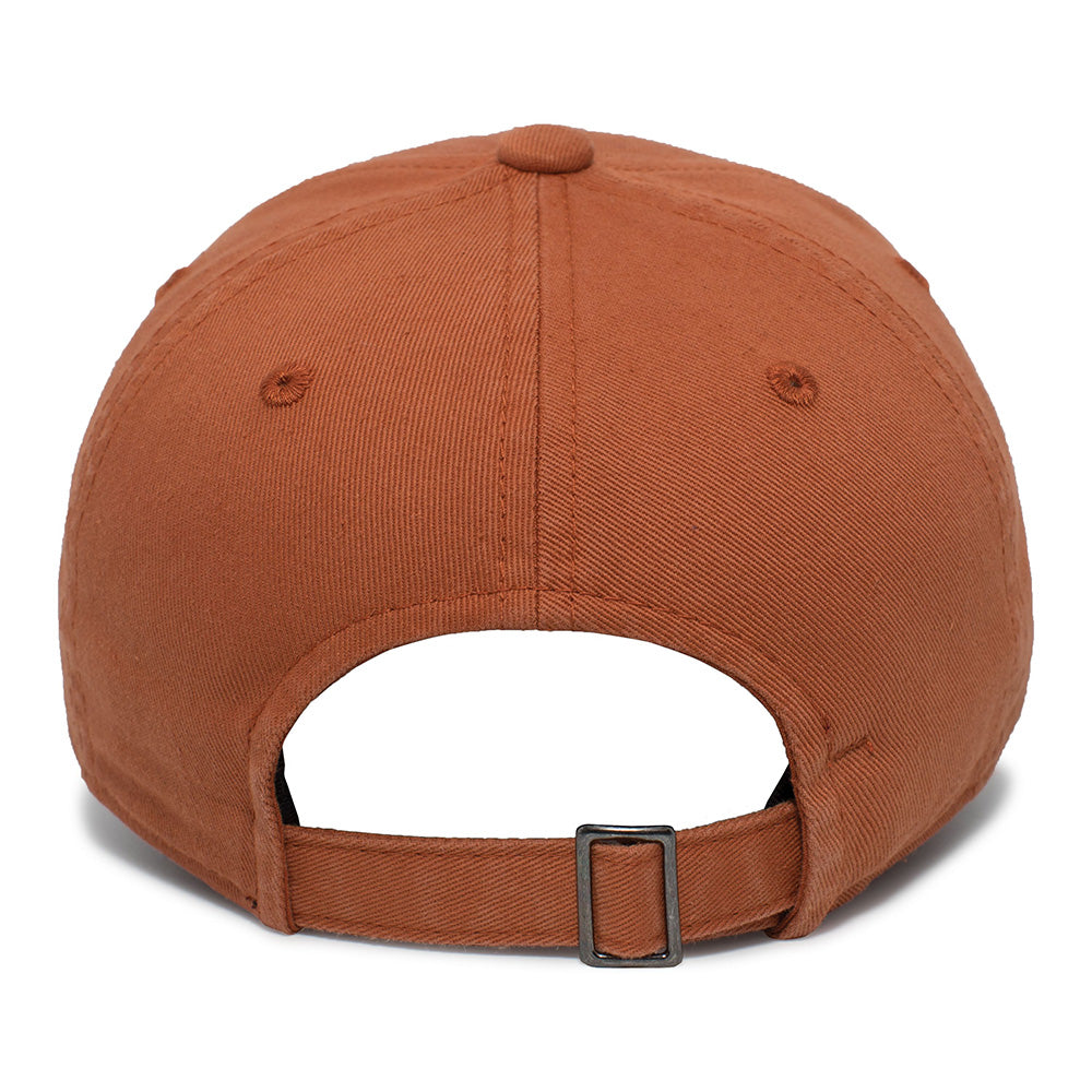 Back of a rust colored trucker hat. 