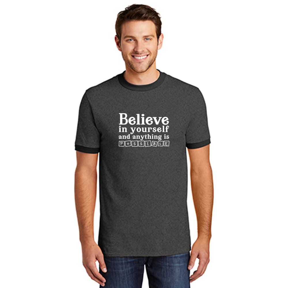 black tee shirt with inspirational text applied to the front of the tee.