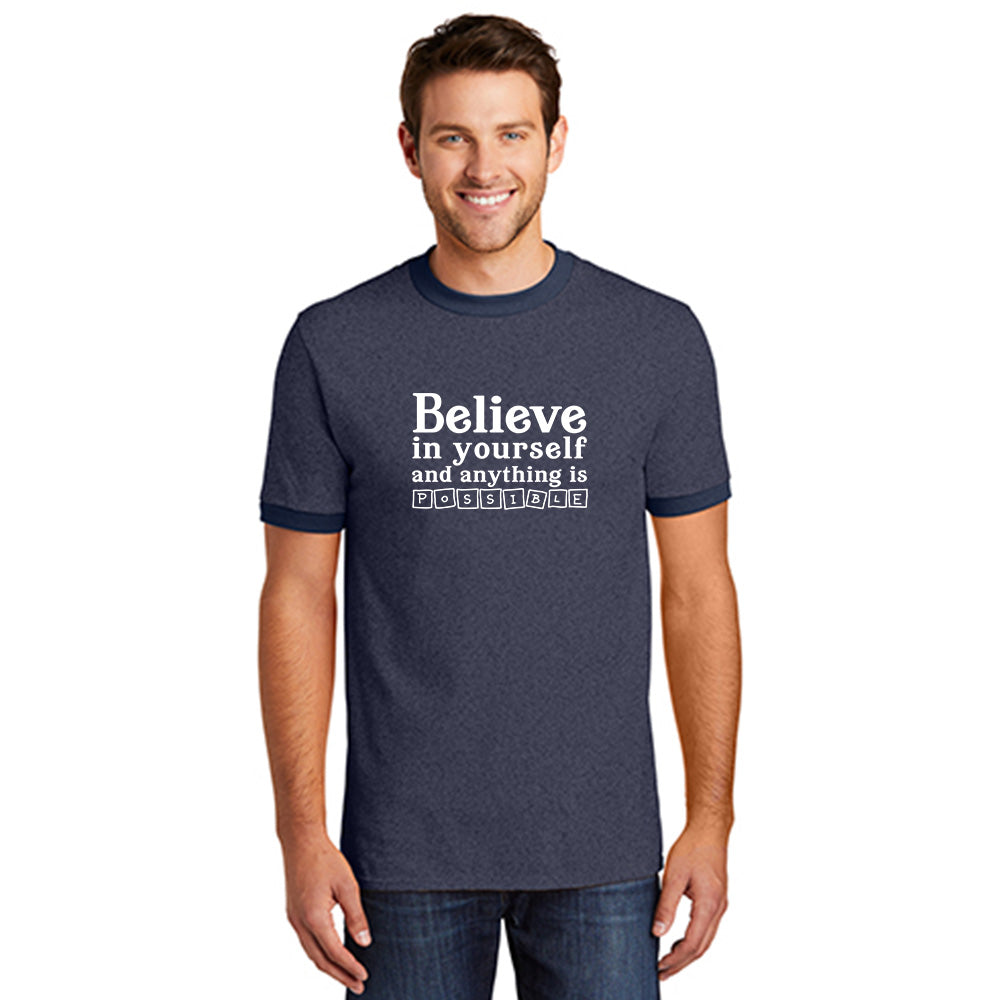 Navy blue tee with inspirational white text directly applied to the front.