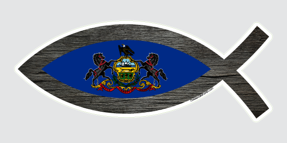 Pennsylvania state flag that has a sleek outline of a fish surrounding the flag. The cut is a bubble cut and looks great as a water bottle decal.