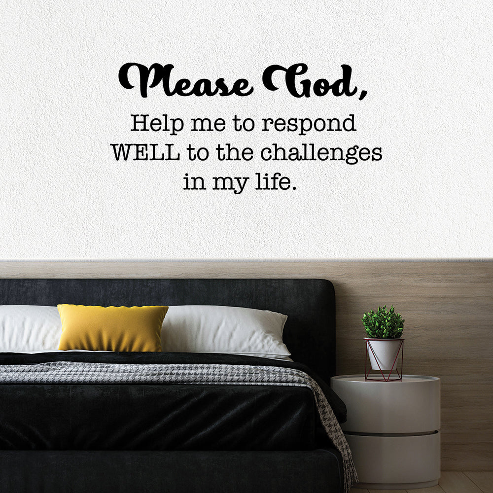 Mockup of the Please God wall sticker applied to the a bedroom wall.