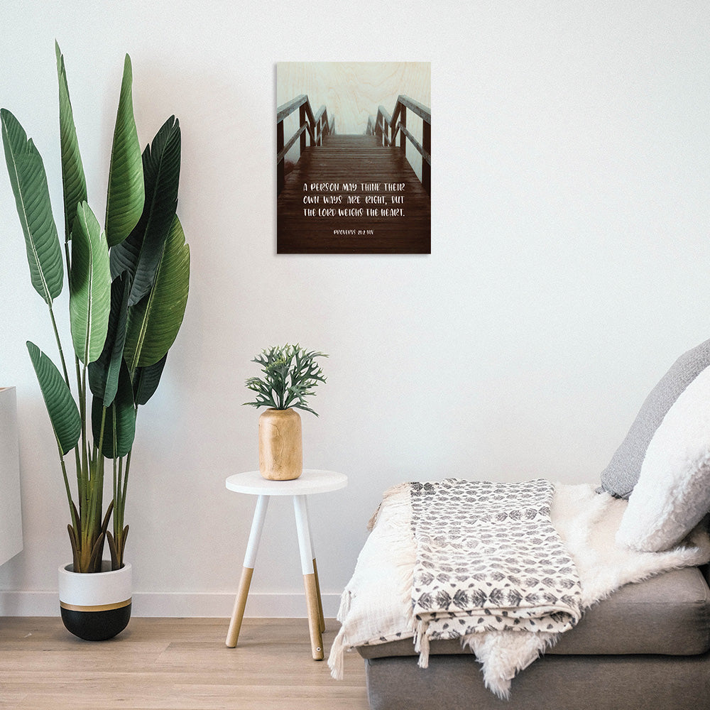 Mockup of how the descending stairs wood poster will look mounted onto the wall in your home.