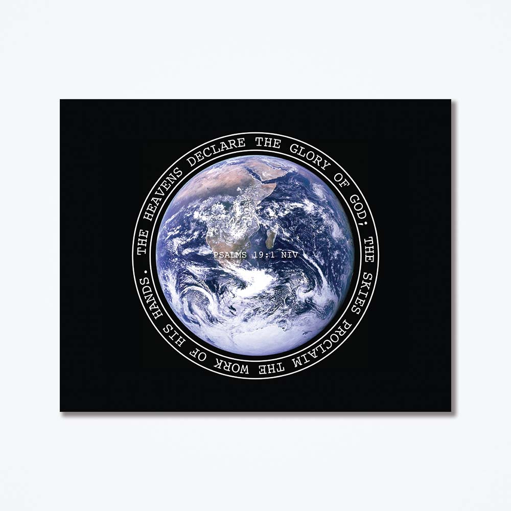 A metal poster with a high resolution image of the Earth with circle text.