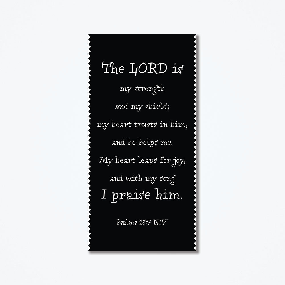 A metal poster with black and white elements and text from the bible.