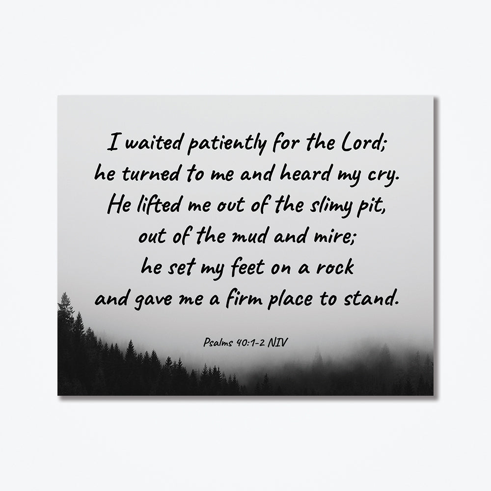 Psalms 40:1-2 NIV metal poster with a cloudy forest.