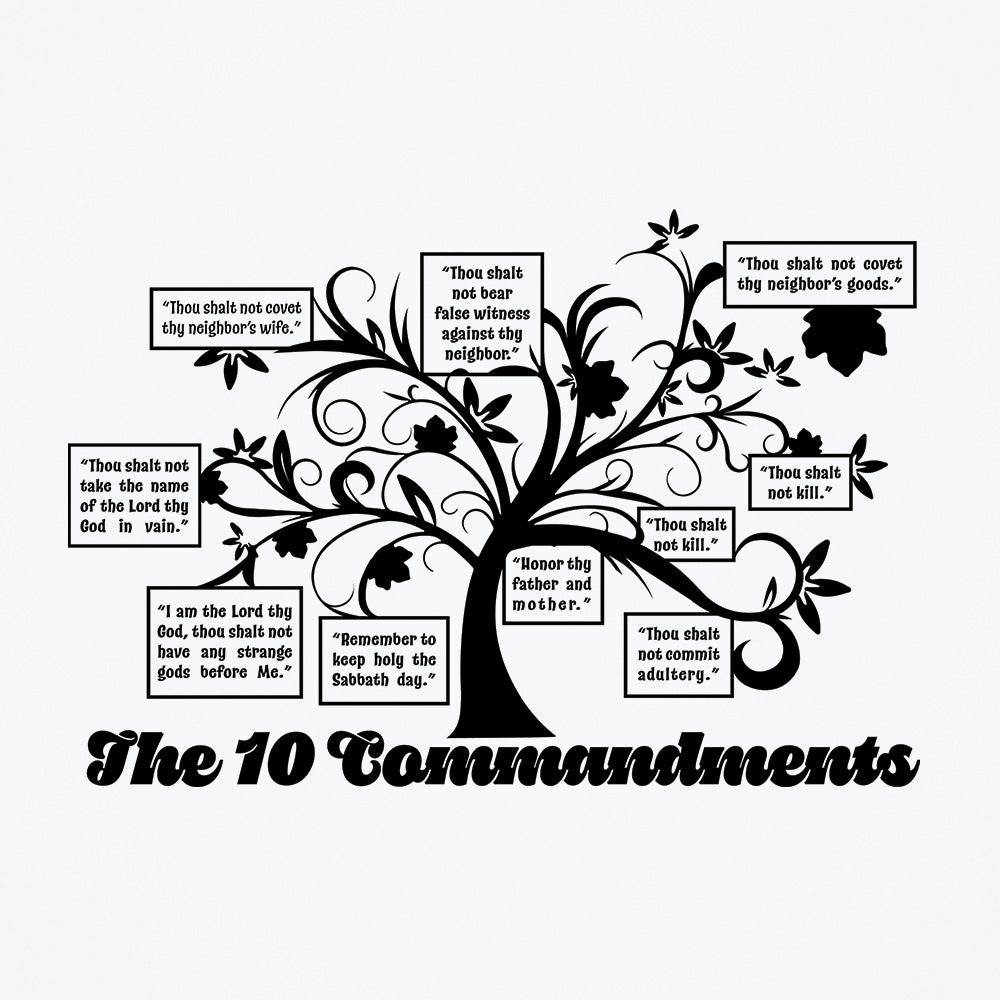 A gorgeous black wall sticker with the Ten Commandments integrated onto the design of a tree.