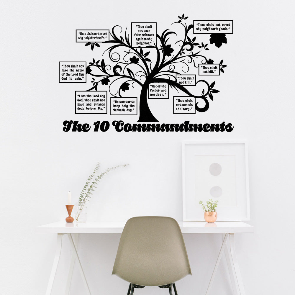 Mockup of the Ten Commandment tree wall sticker in your home office.